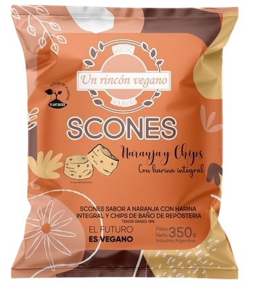 Paquete de scones veganos sabor naranja con harina integral y chips de chocolate, 350 gramos.