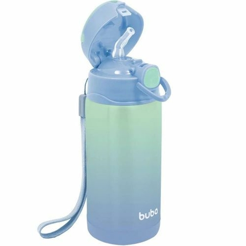Garrafa Térmica Parede Dupla com Canudo Azul com Verde Buba