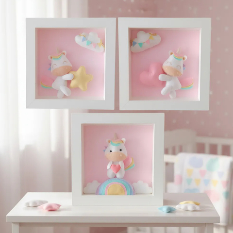 Trio de Quadrinhos Decorativos - Unicórnios - MDF Branco - comprar online