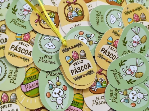 022 - Tags Pascoa com Fita de Cetim 4x6 cm - 15 unidades - Pronta Entrega