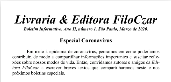 Boletim informativo FiloCzar - especial coronavirus 1 - Distribuição gratuita