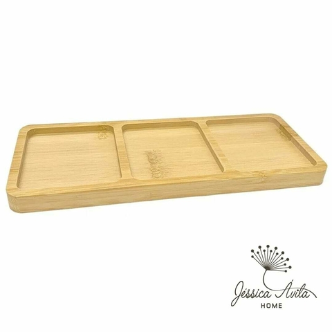 Petisqueira de bambu retangular com 3 cavidades