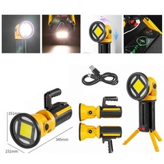 Linterna Reflector Recargable con Baliza, Luz auxiliar y Tripode en el cuerpo