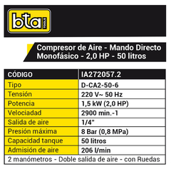 Compresor 50L Monofásico 2 HP BTA - comprar online