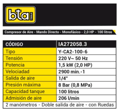 Compresor 100L Monofásico 2 HP BTA - comprar online