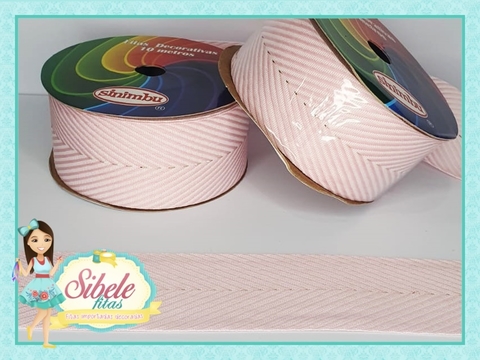 Fita Gorgurão Espinha de Peixe Rosa Claro com Fio Dourado - 38mm (SNB)