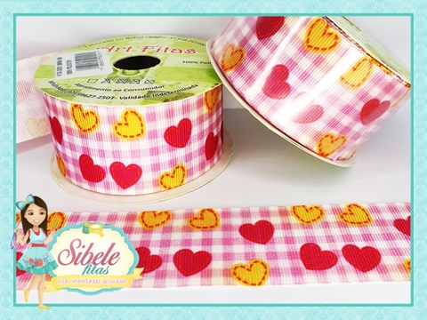 Fita Gorgurão Xadrez Rosa com Corações Pespontados (ART) - 38mm