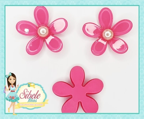 Aplique Flor Acrílica Rosa Escuro com Meia Pérola (unidade)