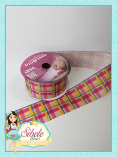 Fita Gorgurão Xadrez Rosa Claro/Rosa/Azul/Amarelo ( Mod 7) 38 mm (PGR)