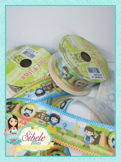 Fita Gorgurão Branca De Neve Borda Azul e Amarelo Poá - 38mm (ART)