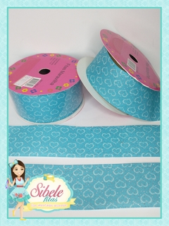 Fita Gorgurão Azul Texturizada com Corações Dourados - 38mm (MARAVILHA)