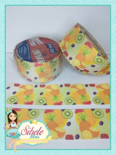 Fita Gorgurão Frutas Fundo Mesclado Branco e Amarelo - 38mm (BELA FITA)