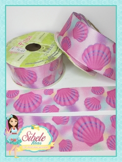 Fita Gorgurão Conchas do Mar Rosa Listra Azul fundo Degradê Rosa - 38mm (ART)
