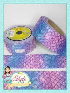 Fita Gorgurão Escamas Sereia Roxo e Azul- 38mm (ALPET)