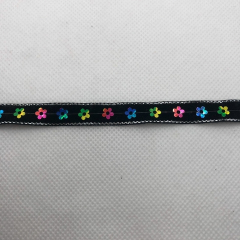 FITA VELUDO PRETO C/PRATA PAETE FLORZINHA - METRO