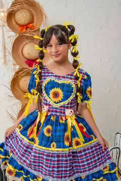 Vestido Junino Infantil Juvenil Floral Girassol Festa Junina - São João - Caipira - Azul Royal