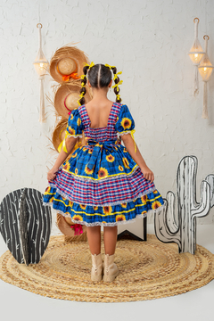 Vestido Junino Infantil Juvenil Floral Girassol Festa Junina - São João - Caipira - Azul Royal na internet