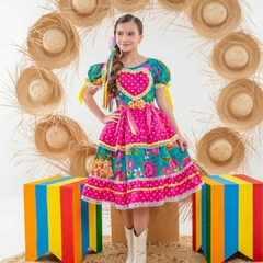 Vestido Junino Infantil juvenil Floral Festa Junina - São João - Caipira - Pink e azul turqueza