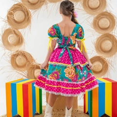 Vestido Junino Infantil juvenil Floral Festa Junina - São João - Caipira - Pink e azul turqueza - comprar online