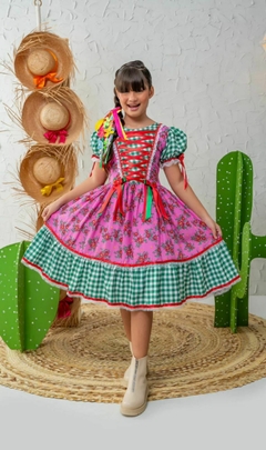 Vestido Junino Infantil juvenil Floral Festa Junina - São João - Caipira - Lilás e Verde