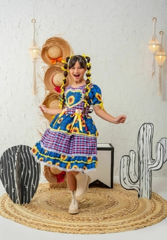 Vestido Junino Infantil Juvenil Floral Girassol Festa Junina - São João - Caipira - Azul Royal - comprar online