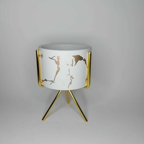 Vaso Branco com Dourado e Tripé Metal Dourado