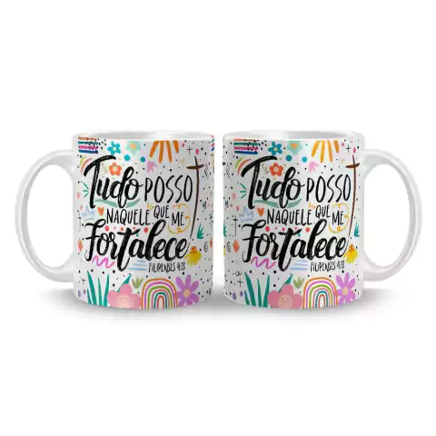 Caneca Cerâmica Motivacional / Religiosa - Tudo Posso Naquele que me Fortalece - Filipenses 4:13 325ml na internet
