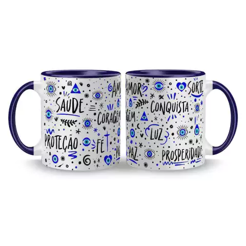 Caneca Motivacional Desejos - Saúde, Amor, Coragem, Proteção, Paz, Fé - Olho Grego - Square Presentes