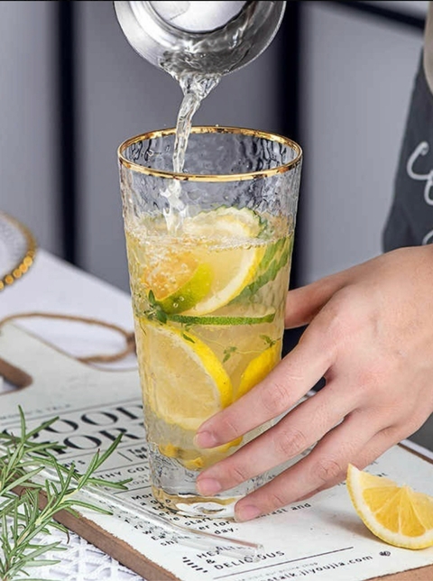 Jogo 6 Copos de Vidro Alto Martelado Borda Dourada 330ml