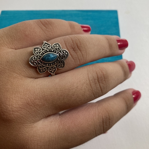 Anel Boho Chique com Pedra Oval Azul - Prata 925 Envelhecido