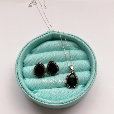 Conjunto Colar e Brincos Boho Chique Pedra Onix - Prata 925