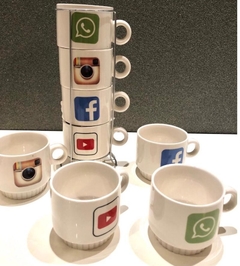 Set 4 Tazas Apilables Cafe Chico Ceramica Soporte Metal Red