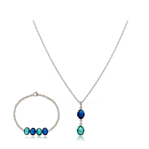 Conjunto prata com zircônias azuis e verdes