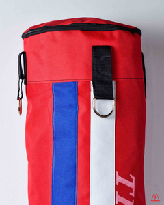 Bolsa de entrenamiento de boxeo de 1,30 metros de alto, sin relleno, con diseño en rojo, azul y blanco.
