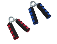 Ejercitador de manos de neoprene en colores rojo y azul, ideal para fortalecer la fuerza de agarre.