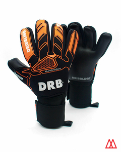 Guantes de arquero adultos DRB Leader 4.0 con diseño negro y detalles en naranja, ideales para fútbol.