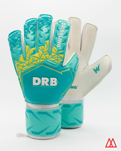 Guantes de arquero adultos de la marca DRB, modelo Royal 4.0, en colores aqua y amarillo, con diseño geométrico y detalles en blanco.