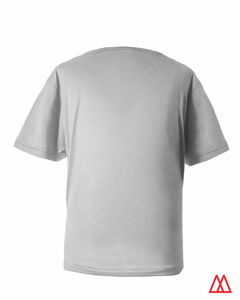 Remera de algodón de manga corta en color gris claro, vista posterior.