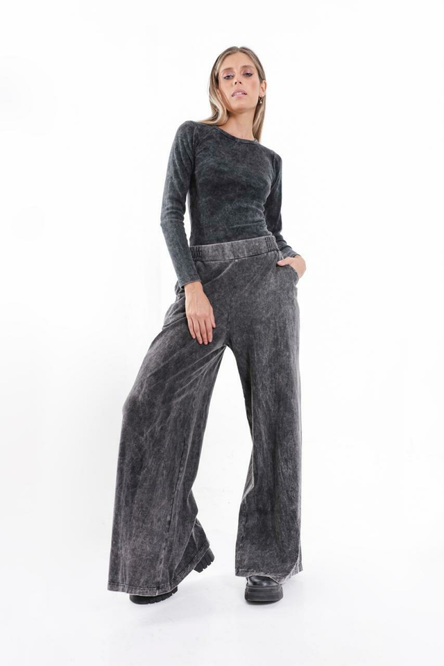 Maxi Palazzo De Algodón, Negro Nevado , Con Tajo Lateral. thumbnail 2