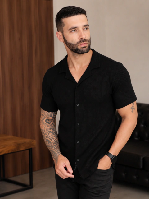 Camisa Cubana Masculina Texturizada Elastano Premium Luxo - Preto