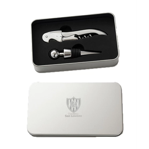 SET VINO SAN LORENZO CON DESCORCHADOR Y TAPON EN ESTUCHE DE METAL