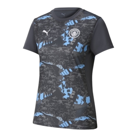 Camisa Manchester City Pré-jogo 25/26 - Torcedor Puma Feminina - Cinza com detalhes em azul