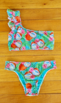 Bikini un hombro Cocos fondo celeste