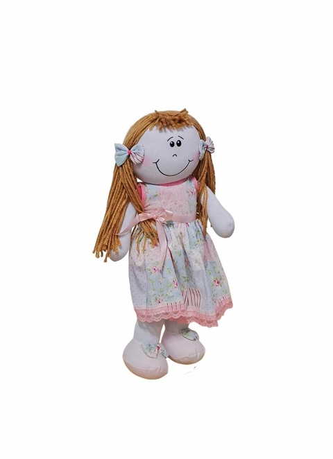 BONECA DE PANO COM VESTIDO ESTAMPADO AZUL/ROSA E SUPORTE