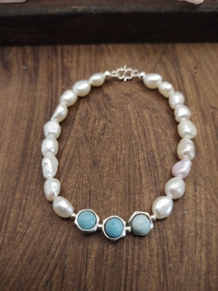 pulseira pérola e larimar natural - loja online