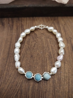 pulseira pérola e larimar natural - luzdeprata