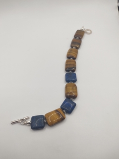 pulseira pastilha, olho de tigre e lápis-lazuli natural