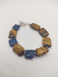 pulseira pastilha, olho de tigre e lápis-lazuli natural - luzdeprata