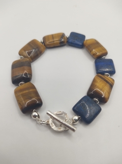 pulseira pastilha, olho de tigre e lápis-lazuli natural