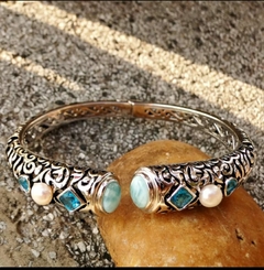 bracelete articulado larimar, topázio e perola - loja online